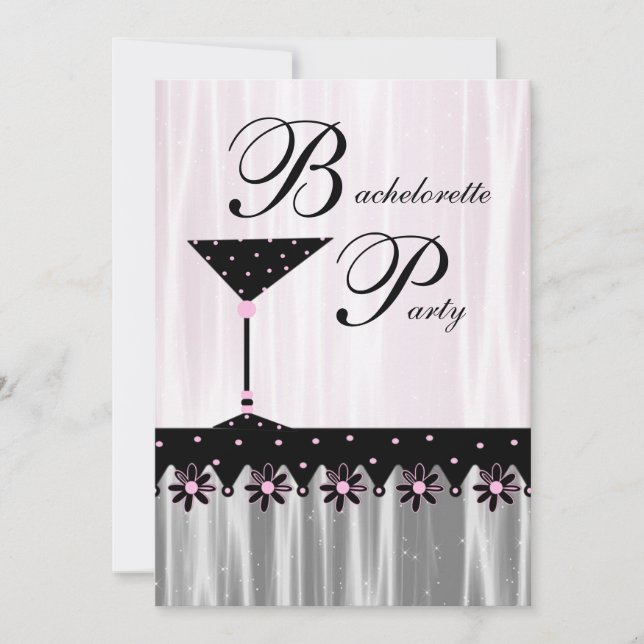 Pink Black Martini Bachelorette Party Invitations (Front)