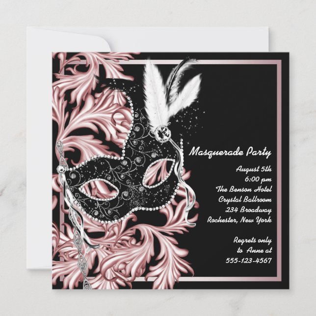 Pink Black Mask Pink Masquerade Party Invitation (Front)