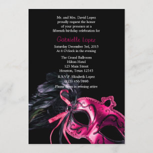 Pink Black Masquerade Quinceanera Ball Invitation