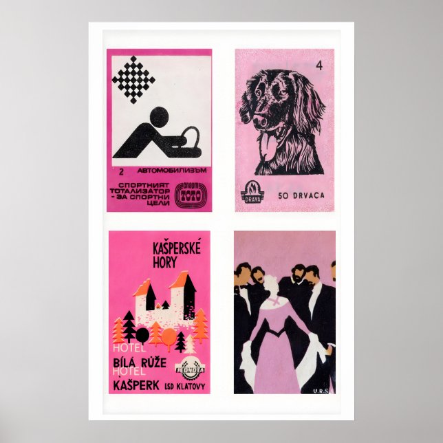 Pink & Black Matchbox Labels Grid Print, Vintage Poster (Front)
