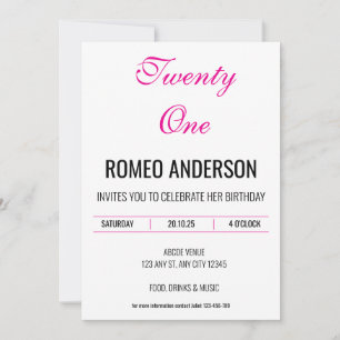 Pink Black Minimalist Birthday Invitation