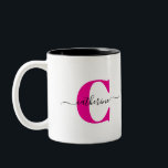Pink Black Minimalist Elegant Script Monogram Name Two-Tone Coffee Mug<br><div class="desc">This minimalist two-tone mug with a last name monogram and cursive first name makes a bold statement. The pink and black monogram and name can be easily personalised. You can enjoy your favourite hot beverage in it and customise and gift it to family and friends for birthdays, anniversaries, house warmings...</div>