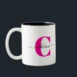 Pink Black Minimalist Elegant Script Monogram Name Two-Tone Coffee Mug<br><div class="desc">This minimalist two-tone mug with a last name monogram and cursive first name makes a bold statement. The pink and black monogram and name can be easily personalised. You can enjoy your favourite hot beverage in it and customise and gift it to family and friends for birthdays, anniversaries, house warmings...</div>