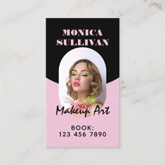 Pink black minimalist makeup business card (Front)