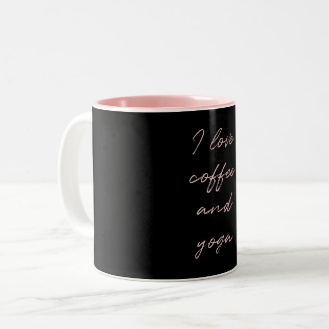Pink Black Minimalist Script I love coffee & yoga Two-Tone Coffee Mug (Front Left)