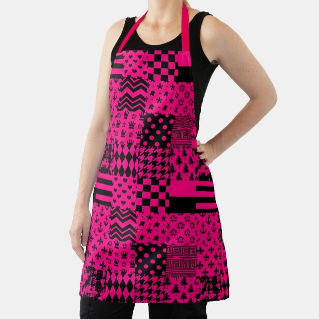 Pink Black Mixed Patterns Patchwork Design  Apron (Creator Uploaded)