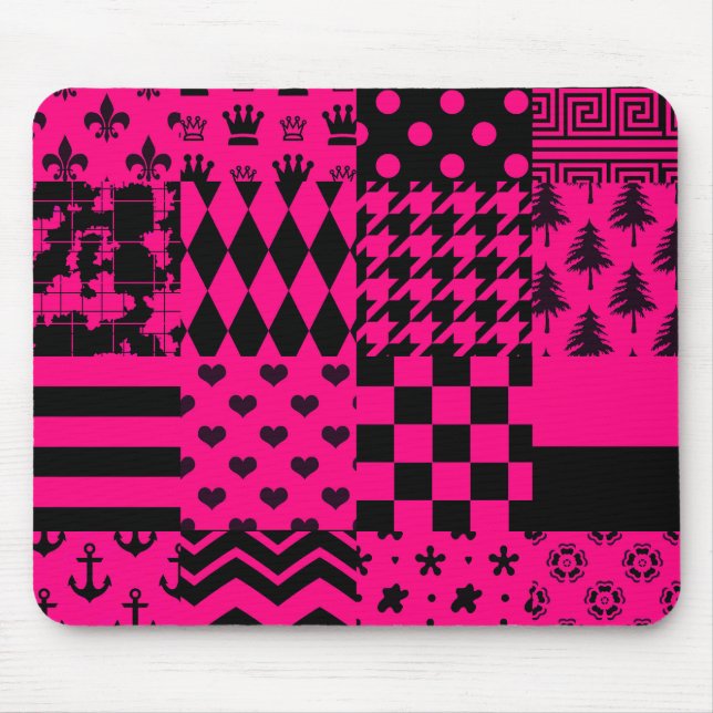 Pink Black Mixed Patterns Patchwork Design  Mouse Mat (Front)
