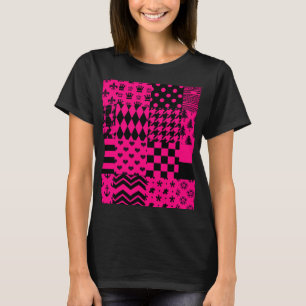 Pink Black Mixed Patterns Patchwork Design  T-Shirt