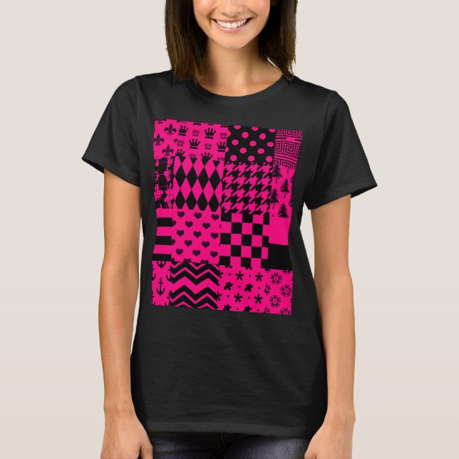 Pink Black Mixed Patterns Patchwork Design  T-Shirt (Front)