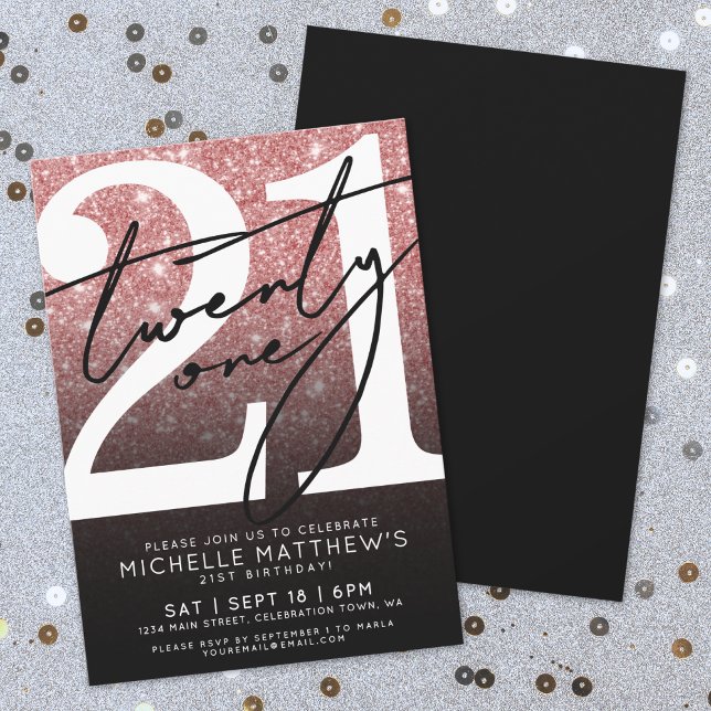 Pink Black Modern Glitter 21st Birthday Invitation (Pink Black Modern Glitter 21st Birthday Invitation )