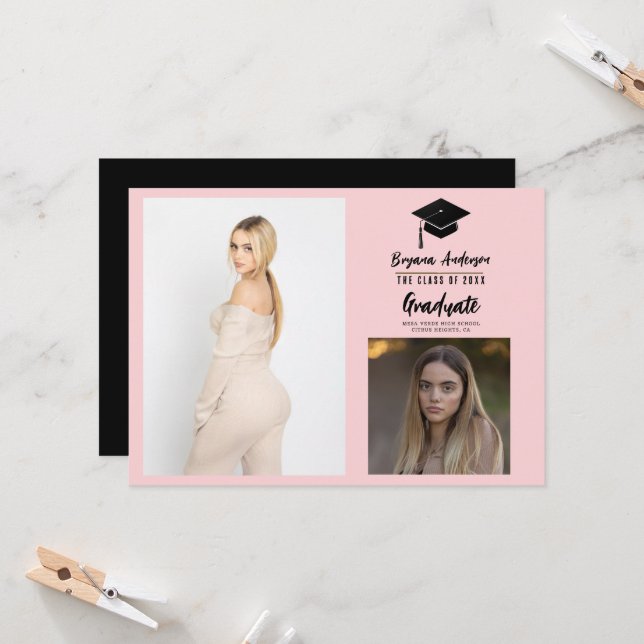 Pink Black Modern Graduation 2 Photo Announcement (Front/Back In Situ)