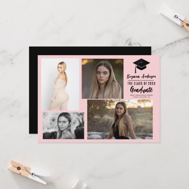 Pink Black Modern Graduation 4 Photo Announcement (Front/Back In Situ)