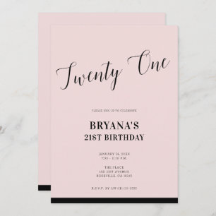 Pink & Black Modern Minimal Script 21 Twenty One Invitation