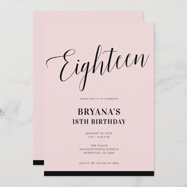 Pink Black Modern Minimal Script Eighteen 18 18th Invitation (Front/Back)
