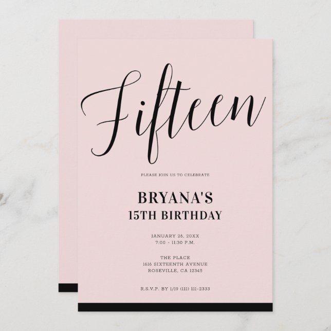 Pink & Black Modern Minimal Script Fifteen 15 15th Invitation (Front/Back)