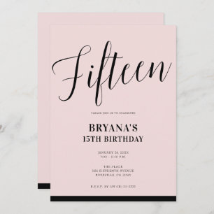 Pink & Black Modern Minimal Script Fifteen 15 15th Invitation