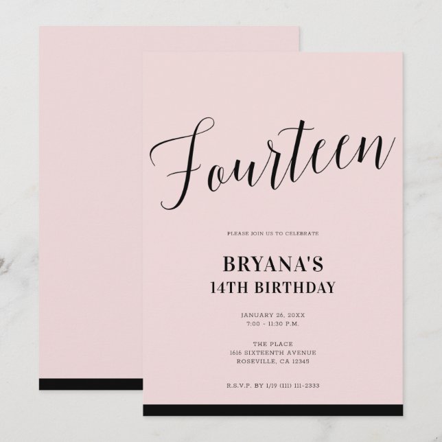 Pink Black Modern Minimal Script Fourteen 14 14th Invitation (Front/Back)
