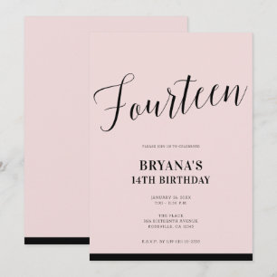 Pink Black Modern Minimal Script Fourteen 14 14th Invitation