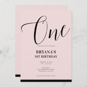 Pink Black Modern Minimal Script ONE 1ST Birthday Invitation