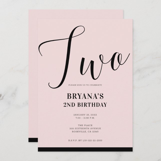 Pink Black Modern Minimal Script TWO 2ND Birthday  Invitation (Front/Back)