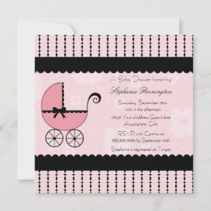 Pink black modern stroller baby shower invitation