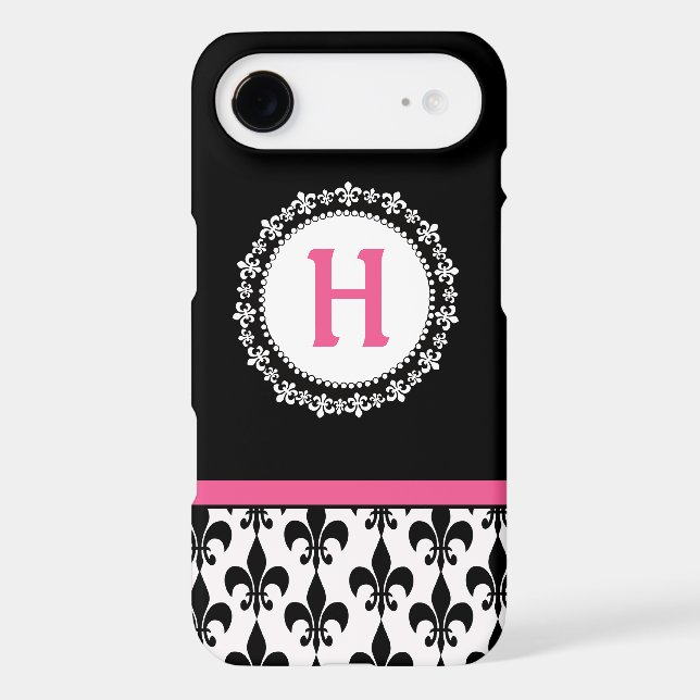 Pink Black Monogram Fleur de Lis Pattern Case-Mate iPhone Case (Back)