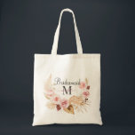 Pink Black Monogram Initial Script Name  Tote Bag<br><div class="desc">A cute modern bridesmaid gift tote bag with bridesmaid's name in pink script monogram with a pink floral laurel.</div>