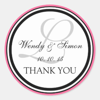 Pink Black Monogram L Wedding Thank You Classic Round Sticker