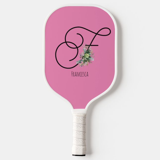 Pink black monogram watercolor flower pickleball paddle (Back)