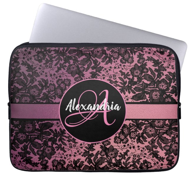  Pink  Black Moody Floral Personalised Laptop Sleeve (Front)