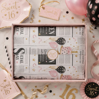 Pink Black Newspaper Sweet 16 4 Photo Custom Birth Tissue Paper