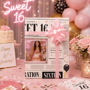 Pink Black Newspaper Sweet 16 4 Photo Custom Birth Wrapping Paper
