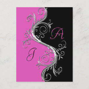 Pink Black Ornate Silver Swirls Save The Date Announcement Postcard