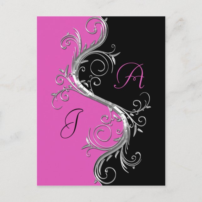 Pink Black Ornate Silver Swirls Save The Date Announcement Postcard (Front)