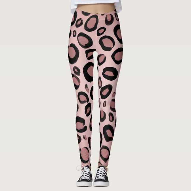 Pink & Black Painted Cheetah Leopard Print Spots Leggings (Front)