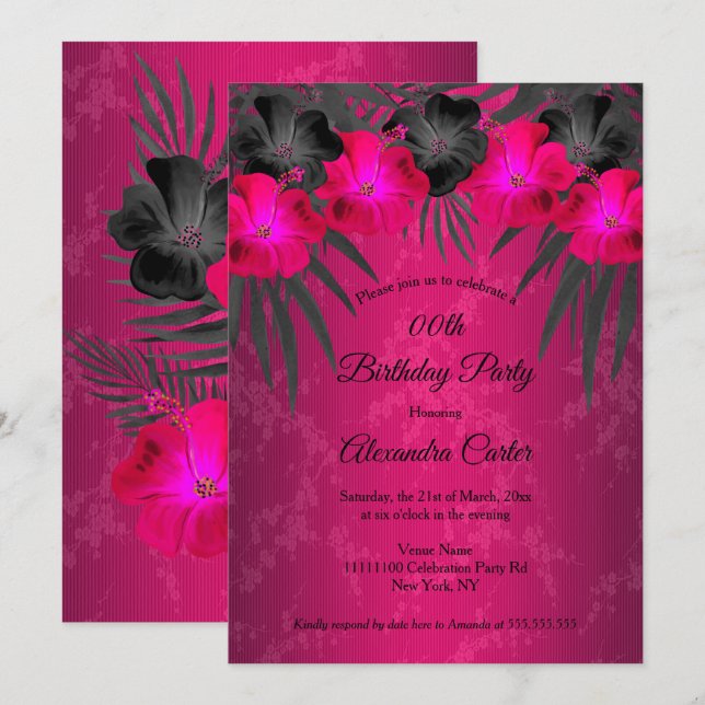 Pink Black Palms Hibiscus Damask Birthday Party Invitation (Front/Back)