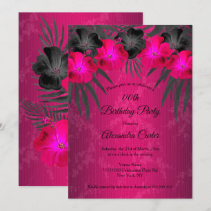 Pink Black Palms Hibiscus Damask Birthday Party Invitation