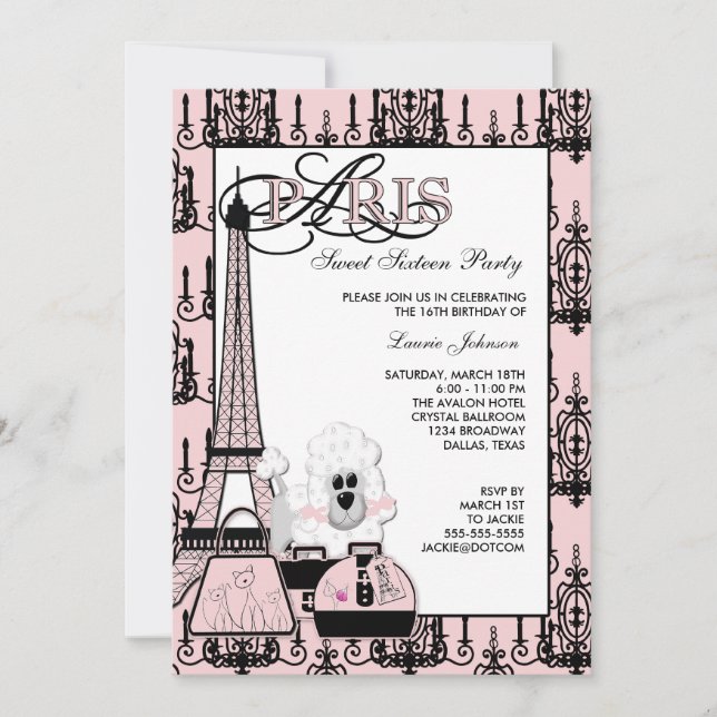 Pink Black Paris Chandelier Sweet 16 Party Invitation (Front)