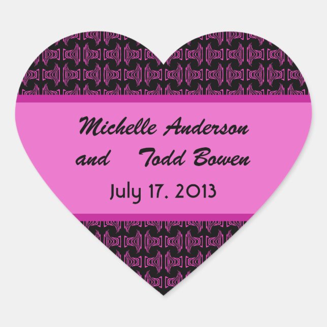 Pink Black Pattern Wedding Heart Sticker (Front)
