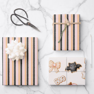 Pink Black Peach Stripes Halloween Birthday Wrapping Paper Sheet
