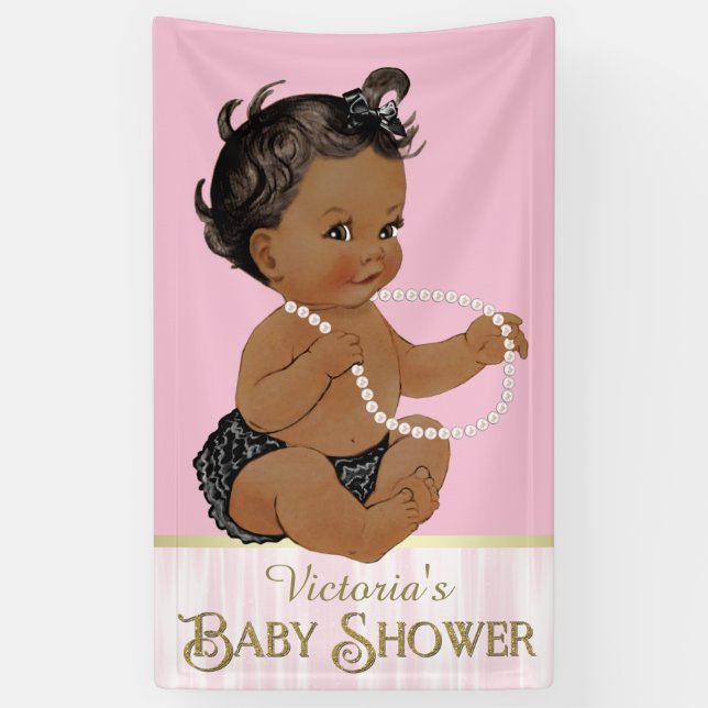 Pink Black Pearl African American Girl Baby Shower Banner (Vertical)