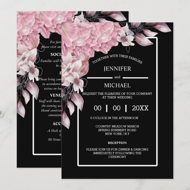 Pink black peony floral dark moody elegant night invitation (Front/Back)