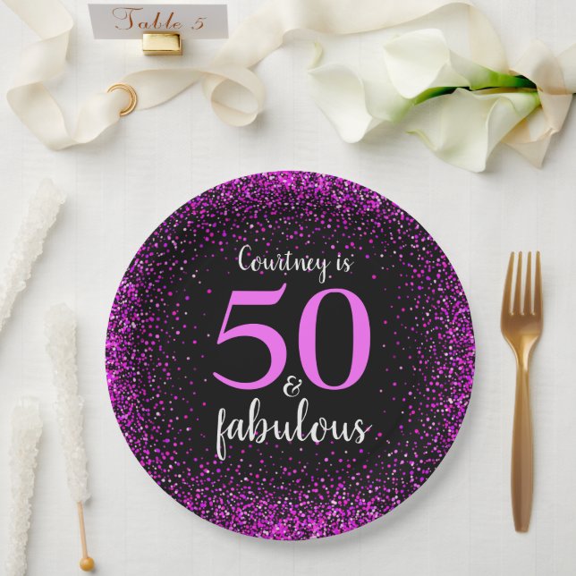 Pink & black personalised 50 and fabulous paper paper plate (Wedding)