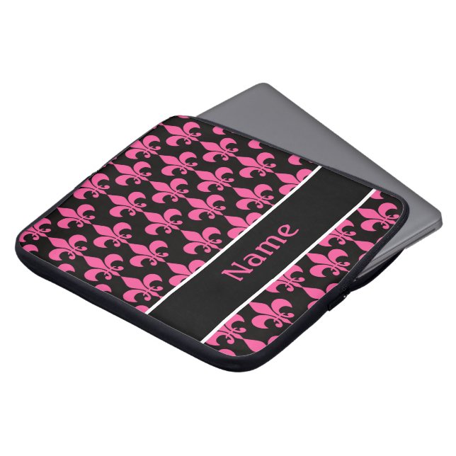 Pink Black Personalised Fleur de Lis Laptop Sleeve (Front Top)