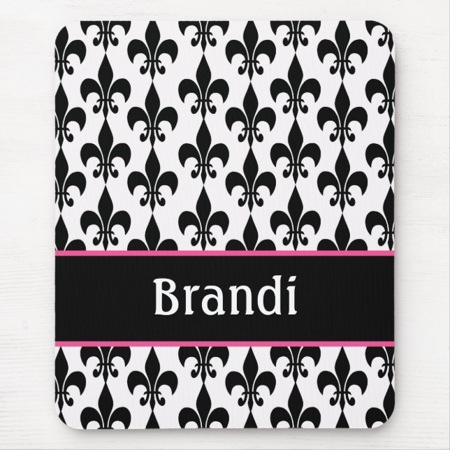 Pink Black Personalised Fleur de Lis Mouse Mat (Front)