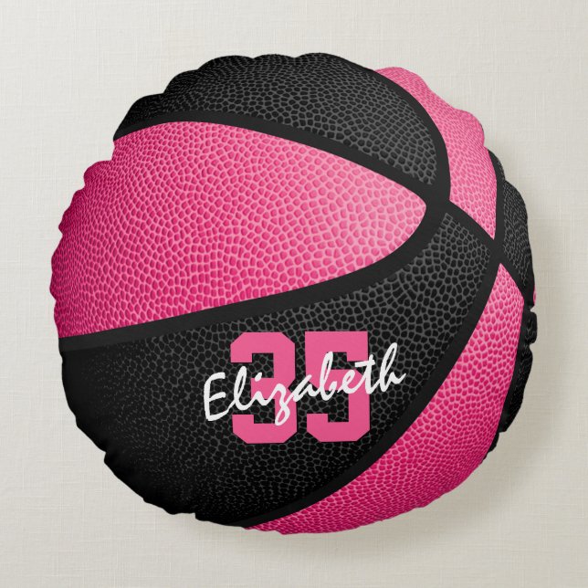 pink black personalised girls sports basketball round cushion (Front)