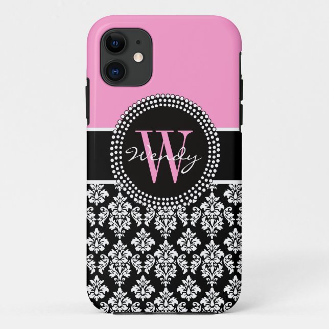 Pink Black Personalised Initial Damask Case-Mate iPhone Case (Back)