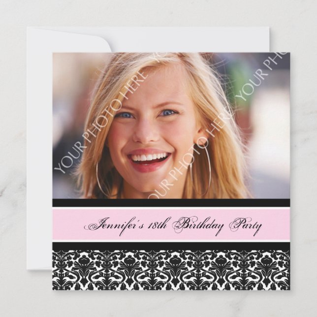 Pink Black Photo 18th Birthday Party Invitations (Front)