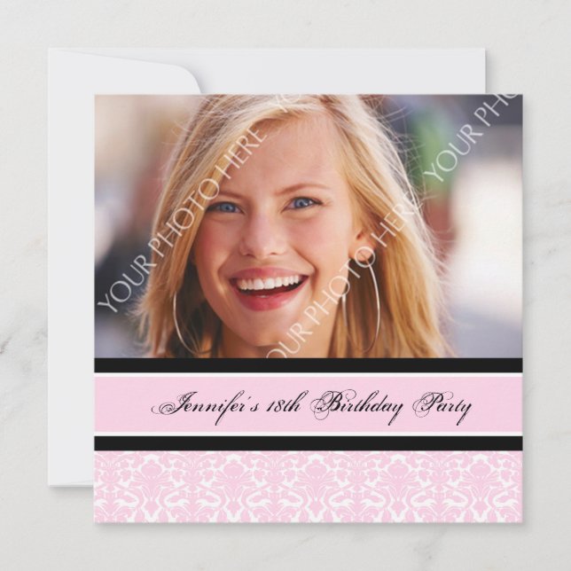 Pink Black Photo 18th Birthday Party Invitations (Front)
