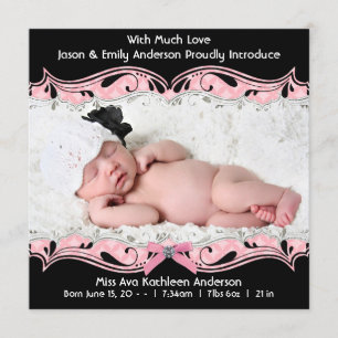 Pink Black Photo Baby Girl Birth Announcement
